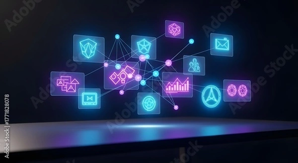 Obraz Vibrant Neon Digital Network: Interconnected Icons on Reflective Surface