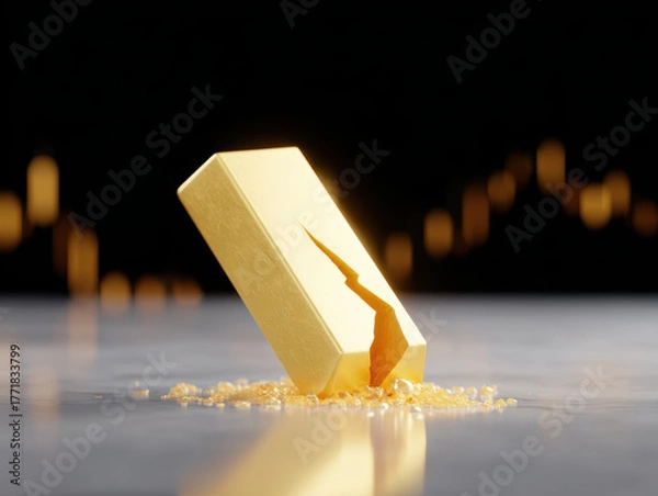 Fototapeta Cracked gold bar with glowing fracture, symbolizing inflation and economic instability, on reflective surface with blurred chart background