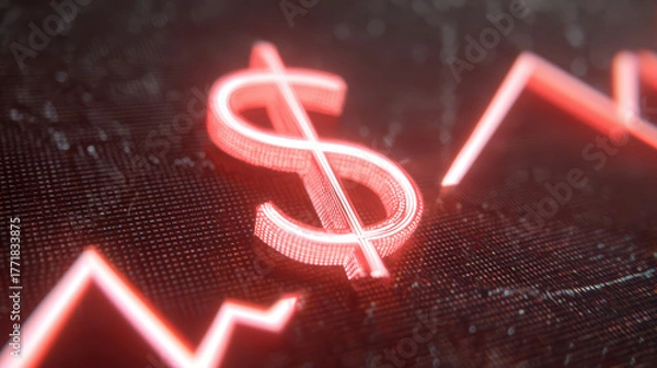 Fototapeta Futuristic glowing dollar sign with red financial graph line, digital economy concept, high technology, finance trend, dramatic mood