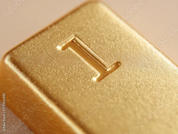 Fototapeta Macro shot of gold bar shiny surface engraved number wealth finance investment luxury closeup metallic texture