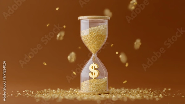 Fototapeta Hourglass with gold dust, dollar symbol, and falling particles, representing inflation, time, and financial growth on brown background