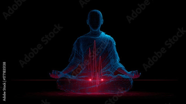 Fototapeta Meditating figure with glowing energy streams, representing inner peace, mindfulness, and spiritual connection in a digital, futuristic style