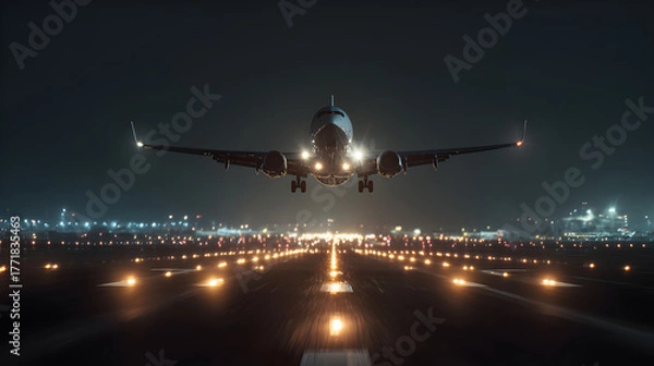 Fototapeta Commercial airplane taking off at night with runway lights illuminating the scene, showcasing the excitement and adventure of air travel