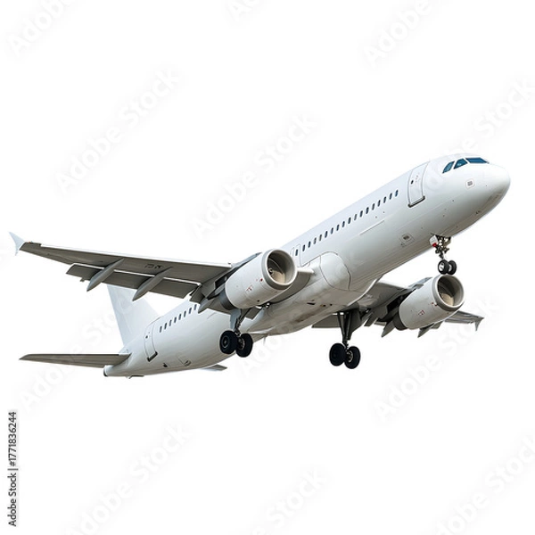 Fototapeta A modern white passenger jet airplane ascending into the sky isolated on transparent background