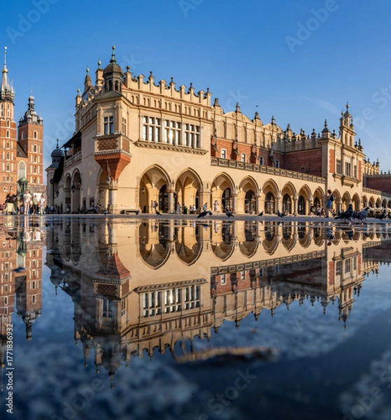 Fototapeta St Mary's church and Cloth Hall on Main Market Square in Krakow, reflecting in the water