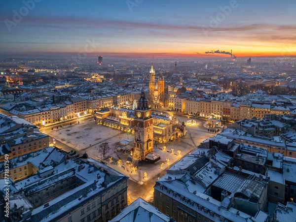 Fototapeta Aerial late night / dawn view of snow covered Main Square with St Mary's church and Cloth Hall with Christmas Tree in Krakow, Poland