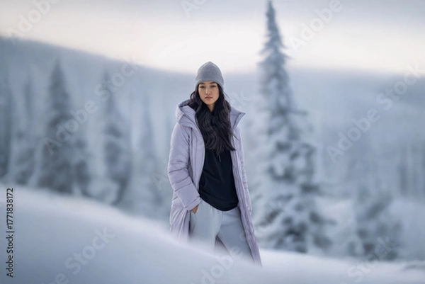 Fototapeta Young Woman in Long Puffer Coat Standing in Snowy Landscape with Misty Trees and Winter Atmosphere
