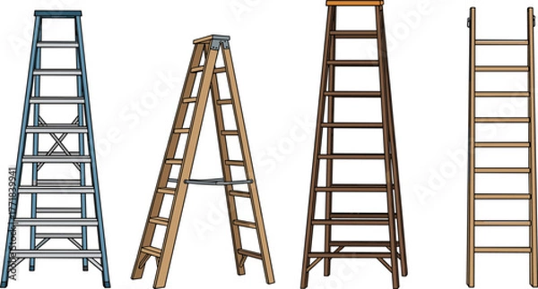 Fototapeta Different ladder types, A-frame and straight, metal and wood, isolated on white, construction tools, step ladder, vertical access, safety gear