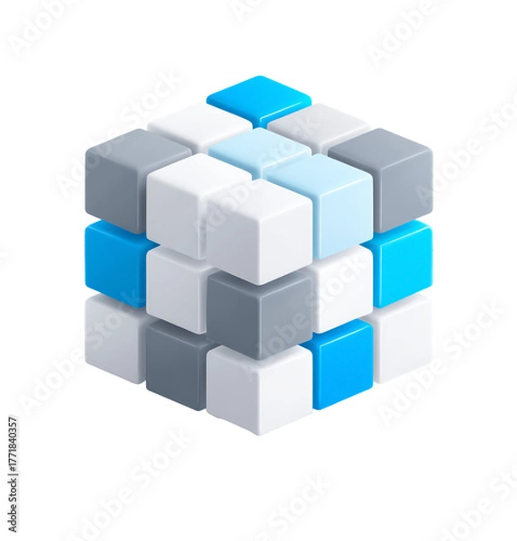 Obraz Abstract geometric cube made of small blocks in blue white and grey