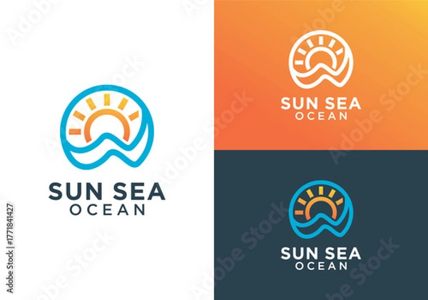 Fototapeta Ocean wave vector logo design template with simple line design style. Simple ocean logo vector with sunrise or sunset combination.