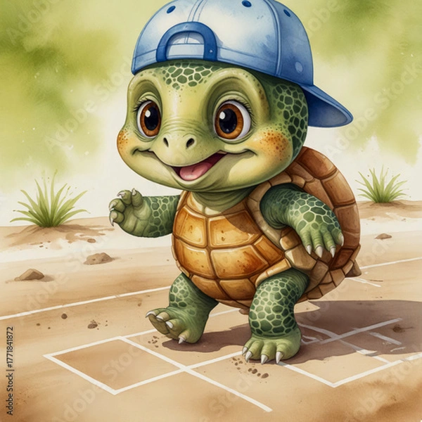Fototapeta watercolor illustration of turtle wearing a baseball cap, playing hopscotch with chalk numbers on the ground