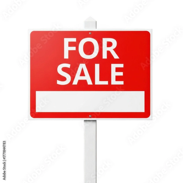 Fototapeta Bright red rectangular real estate for sale sign with white text and blank space for customization isolated on transparent background