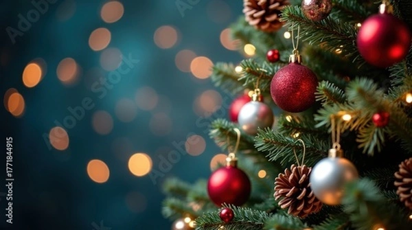 Fototapeta Festive christmas tree decorated with ornaments and pinecones with bokeh lights