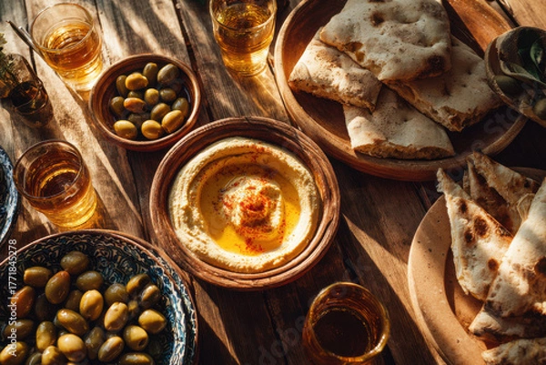 Obraz Hummus mit Oliven und Pita auf mediterranem Holztisch im Sonnenlicht