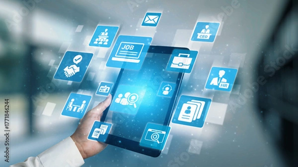 Fototapeta Job search icons show recruitment, HR management, and employee career growth. Job search helps organizations hire talent, job search supports skills, and job search improves workforce. Gist