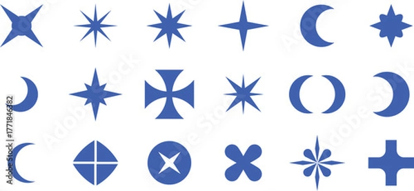 Fototapeta Blue geometric star and moon abstract symbol set, modern minimal vector shape collection, creative design, icon, graphic, background