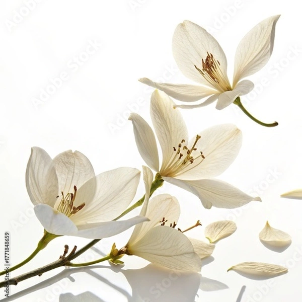Fototapeta Elegant white flowers with translucent petals, isolated on white background