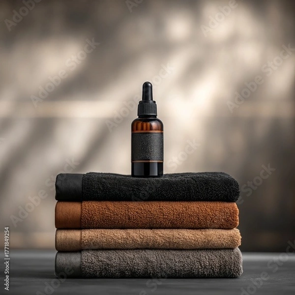 Fototapeta Amber glass dropper bottle with dark label resting on a stack of textured towels