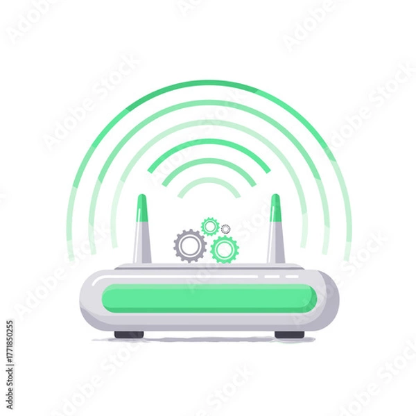 Fototapeta Modern Wi-Fi Router with Gears and Strong Wireless Signal, Representing Robust Network Connectivity.