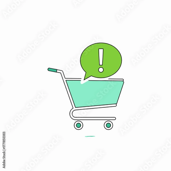 Fototapeta Shopping Cart with Green Exclamation Mark in Speech Bubble, Symbolizing Shopping Notification or Alert.