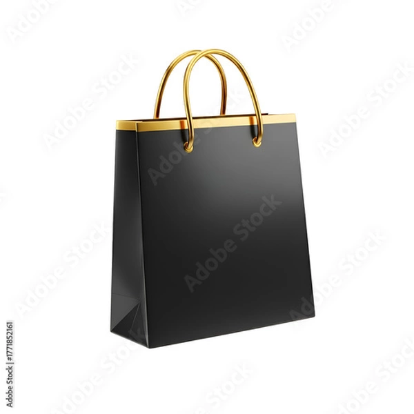 Obraz Black Paper Bag with Gold Handles PNG Transparent Background