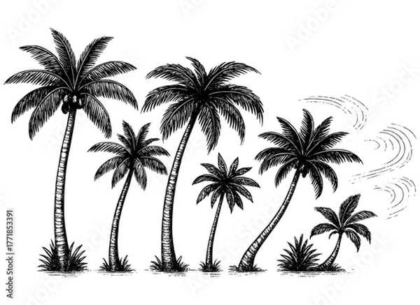 Obraz Palm Trees Engraving, Vintage Tropical Landscape Illustration, Black and White Etching Isolated on Transparent Background
