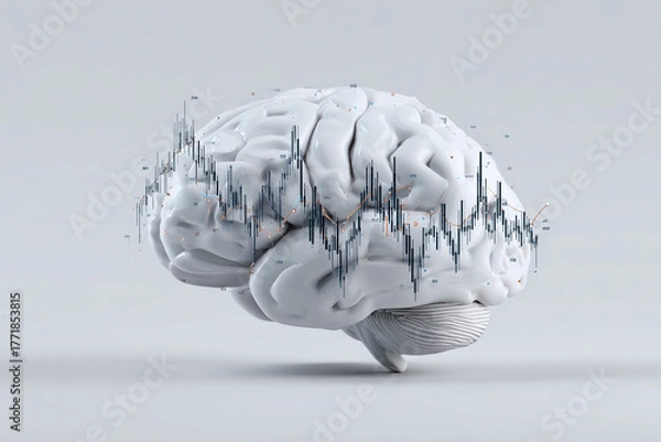 Obraz Digital brain model with stock market graph overlay representing financial analytics and cognitive processes