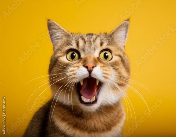 Fototapeta cat exhibits dramatic reaction of surprise and anger while yawning against a bright yellow backdrop