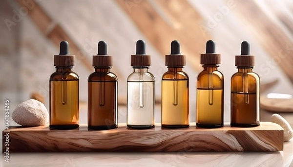 Obraz glass dropper bottles on alabaster and wood display