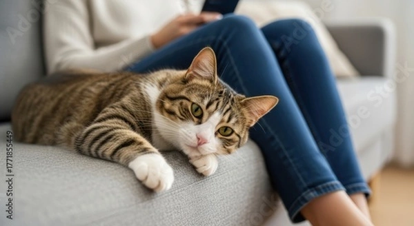 Obraz Relaxed tabby cat lounging on sofa with woman using smartphone