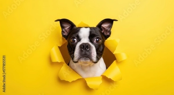 Obraz Curious boston terrier emerging through yellow paper background