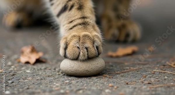 Obraz Cat paw holding smooth stone on pavement with autumn leaves