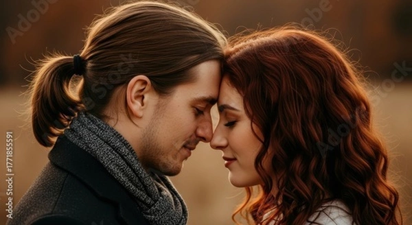 Obraz Romantic connection of young caucasian couple in autumn