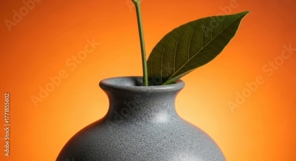Obraz Close-up of leaf in gray vase against orange background