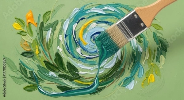 Obraz Dynamic brushstroke vortex in green tones with floral accents