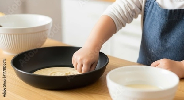 Obraz Young child baking in kitchen with mixing bowls and batter