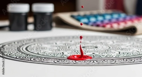 Obraz Red paint droplets on intricate black and white mandala design