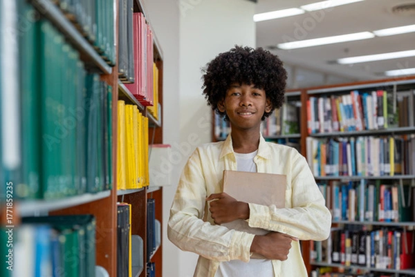 Fototapeta Young male student standing in library, confidently holding book and smiling in educational school.