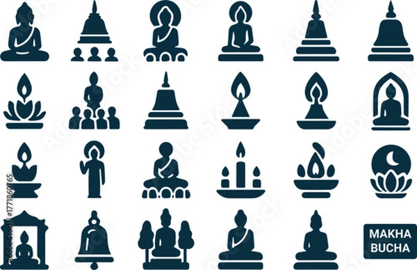 Fototapeta Collection of buddhist icons and symbols representing enlightenment meditation and religious devotion