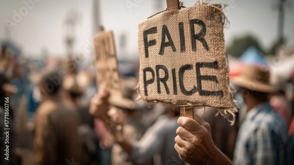 Fototapeta Hand of old man holding a sign for fair price during farmers protest. Social movement and activism for economic justice and better wages.