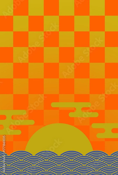 Obraz 年賀状の背景素材　和風グラフィック　初日の出（1）　オレンジと青　タテ