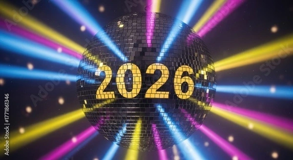 Obraz Disco ball shining with the year 2026 reflecting colorful lights