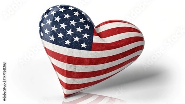 Fototapeta USA flag in heart shape with shadow, white background