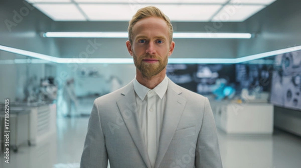Fototapeta Portrait of a blonde man in his early-30s wearing a light-gray suit, standing in a high-tech lab with subtle clinical trial imagery in the background