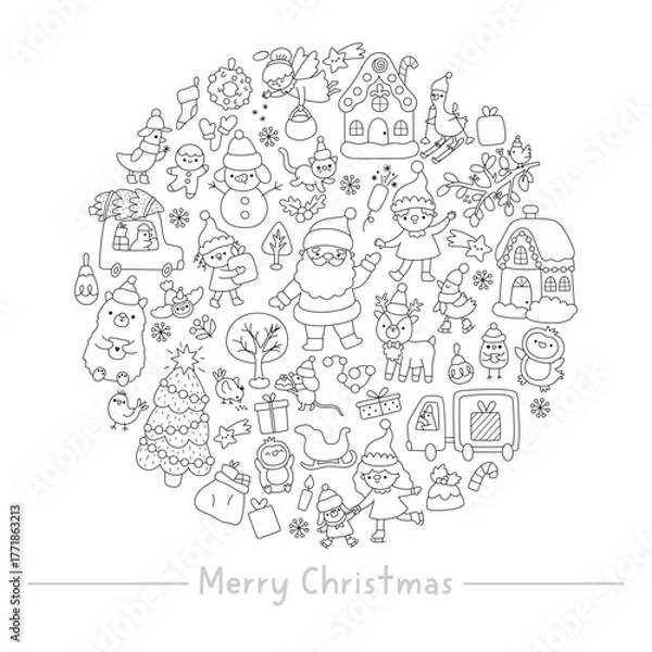 Fototapeta Vector black and white Christmas round frame with deer, decorated tree, elf. New Year card template design for banners, invitations. Cute winter holiday line illustration, coloring page with Santa