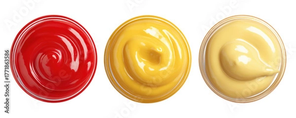 Fototapeta Three colorful sauce drops in red yellow and beige colors, isolated on transparent background