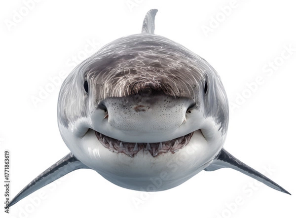 Fototapeta Gray shark fish swimming with visible teeth, front view, isolated on transparent background