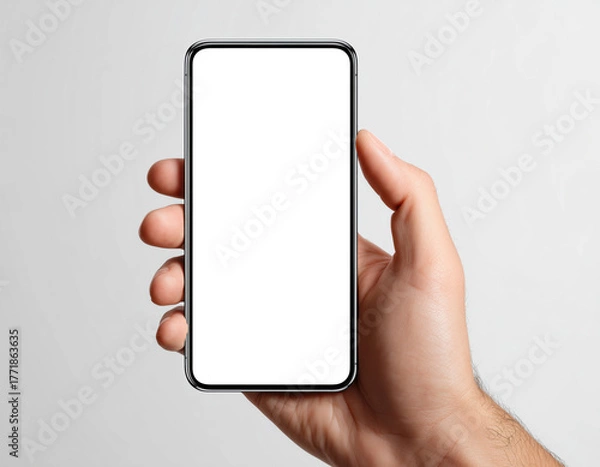 Fototapeta Close-up of hand gripping blank smartphone with neutral background