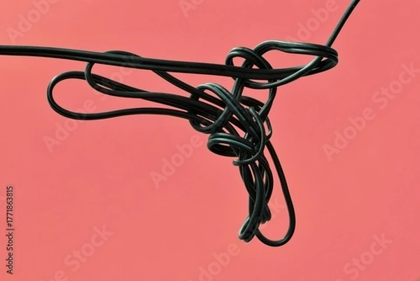 Obraz Tangled cord electrical cable on plain pink background conceptual image.	