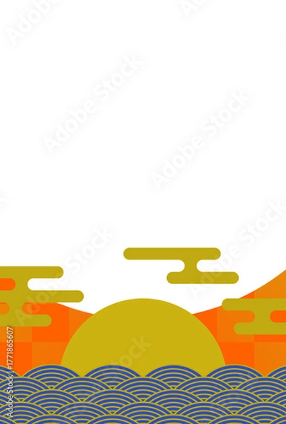 Obraz 年賀状のフレーム素材　和風デコレーション　初日の出（1）　オレンジと青　タテ